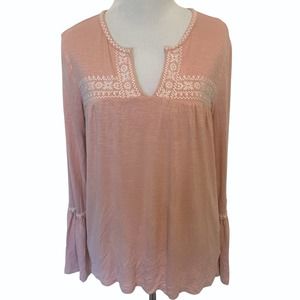 Meadow Rue Women's Small Peasant Top ~Blush Pink Knit Embroidered Bell Sleeves